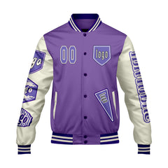 Maßgeschneiderte Lila Weiß Letterman Varsity Jacket Individuelle Stickerei  Druck nach Ihrem Wunsch