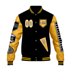 Maßgeschneiderte Schwarz Gelb Letterman Varsity Jacket Individuelle Stickerei  Druck nach Ihrem Wunsch