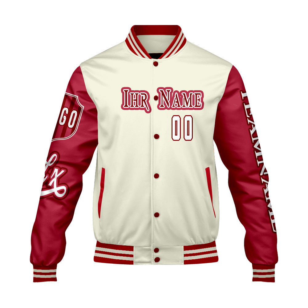 Maßgeschneiderte Weiß Rot Letterman Varsity Jacket Individuelle Stickerei  Druck nach Ihrem Wunsch