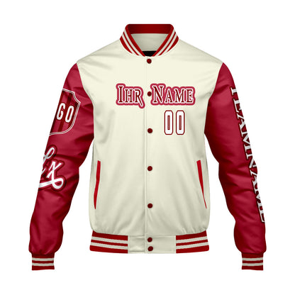 Maßgeschneiderte Weiß Rot Letterman Varsity Jacket Individuelle Stickerei  Druck nach Ihrem Wunsch