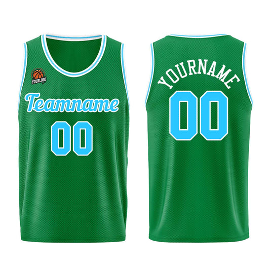 Individuelle Kellygrün Hellblau Basketball Jersey Shorts für Männer und Frauen Gestickter und gedruckter Name, Nummer und Logo