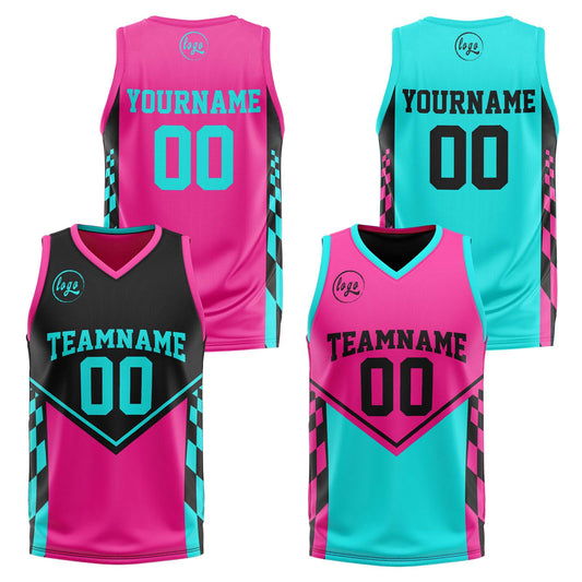 Benutzerdefinierte Schwarz Rosa Hellblau Reversible Basketball Jersey Personalisierte Print Name Nummer Logo