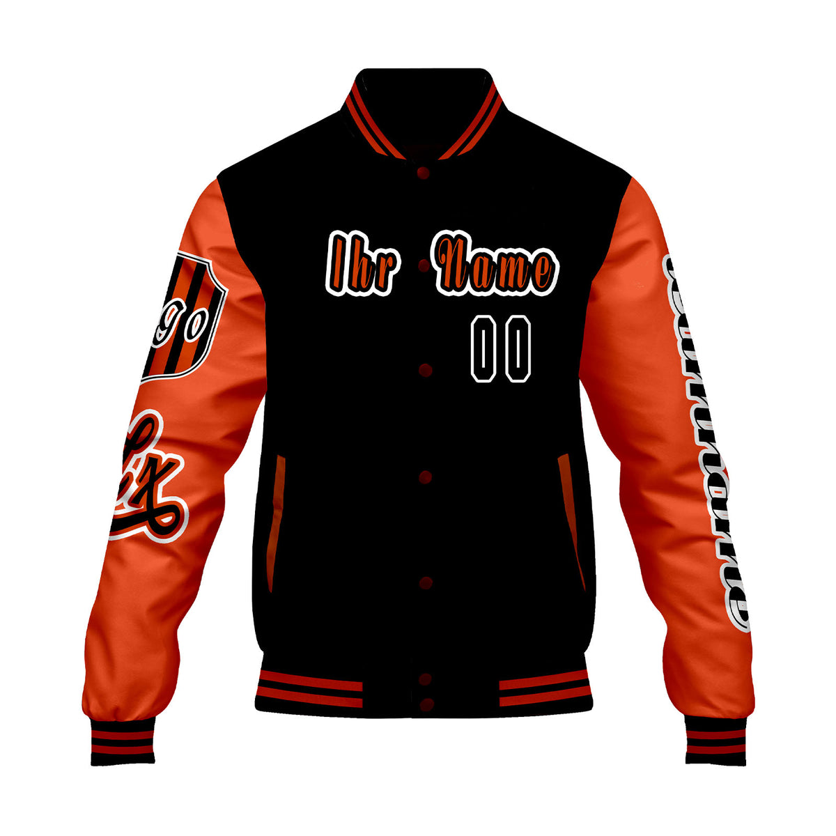 Maßgeschneiderte Schwarz Orange Letterman Varsity Jacket Individuelle Stickerei  Druck nach Ihrem Wunsch