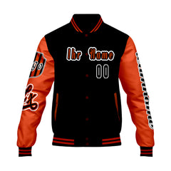 Maßgeschneiderte Schwarz Orange Letterman Varsity Jacket Individuelle Stickerei  Druck nach Ihrem Wunsch