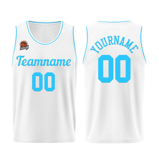 Individuelle Weiß-Hellblau Basketball Jersey Shorts für Männer und Frauen Gestickter und gedruckter Name, Nummer und Logo