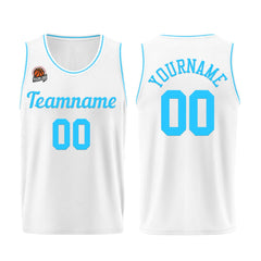 Individuelle Weiß-Hellblau Basketball Jersey Shorts für Männer und Frauen Gestickter und gedruckter Name, Nummer und Logo