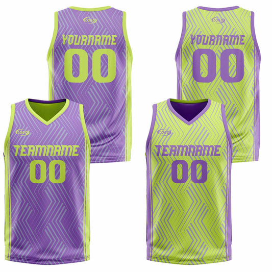 Benutzerdefinierte Lila Lichtgrün Reversible Basketball Jersey Personalisierte Drucken Name Nummer Logo