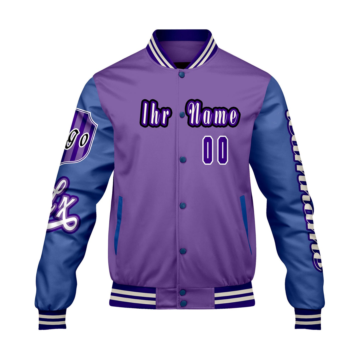 Maßgeschneiderte Lila Blau Letterman Varsity Jacket Individuelle Stickerei  Druck nach Ihrem Wunsch