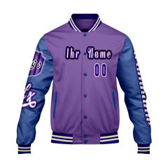 Maßgeschneiderte Lila Blau Letterman Varsity Jacket Individuelle Stickerei  Druck nach Ihrem Wunsch