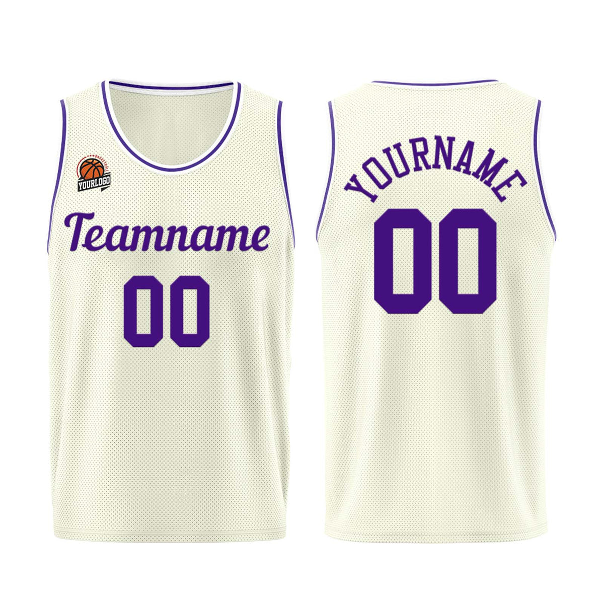 Individuelle Creme-Lila Basketball Jersey Shorts für Männer und Frauen Gestickter und gedruckter Name, Nummer und Logo