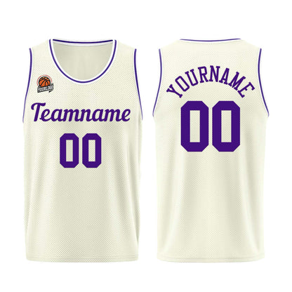 Individuelle Creme-Lila Basketball Jersey Shorts für Männer und Frauen Gestickter und gedruckter Name, Nummer und Logo