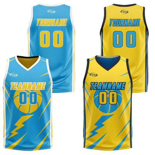 Benutzerdefinierte Blau Gelb Reversible Basketball Jersey Personalisierte Drucken Name Nummer Logo