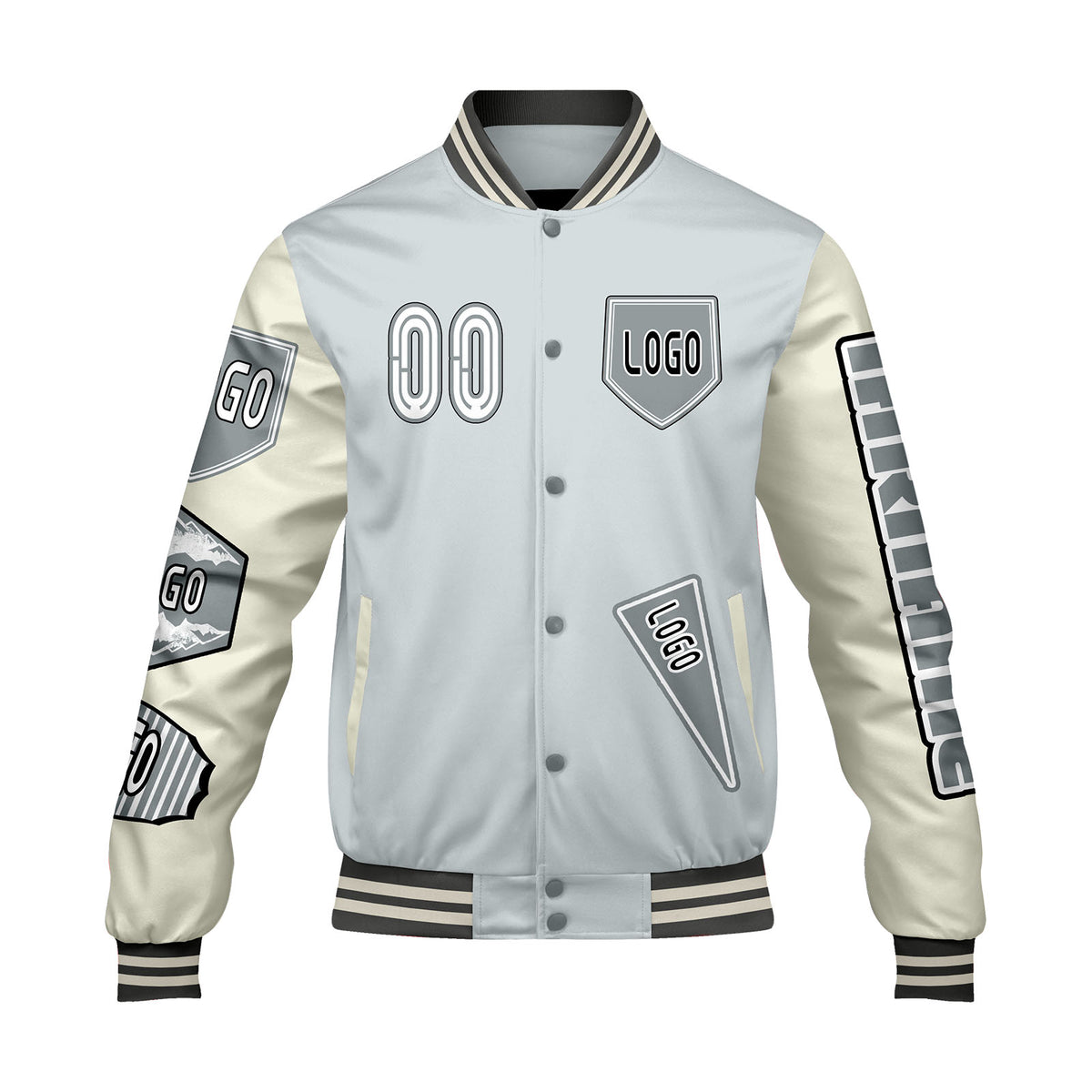 Maßgeschneiderte Grau Weiß Letterman Varsity Jacket Individuelle Stickerei  Druck nach Ihrem Wunsch