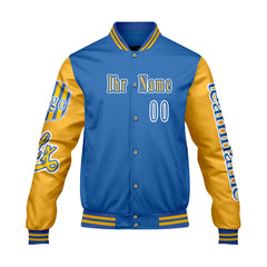 Maßgeschneiderte Blau Gelb Letterman Varsity Jacket Individuelle Stickerei  Druck nach Ihrem Wunsch