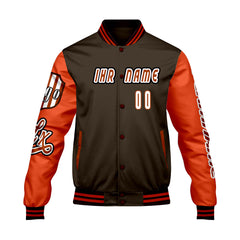 Maßgeschneiderte Braun Orange Letterman Varsity Jacket Individuelle Stickerei  Druck nach Ihrem Wunsch