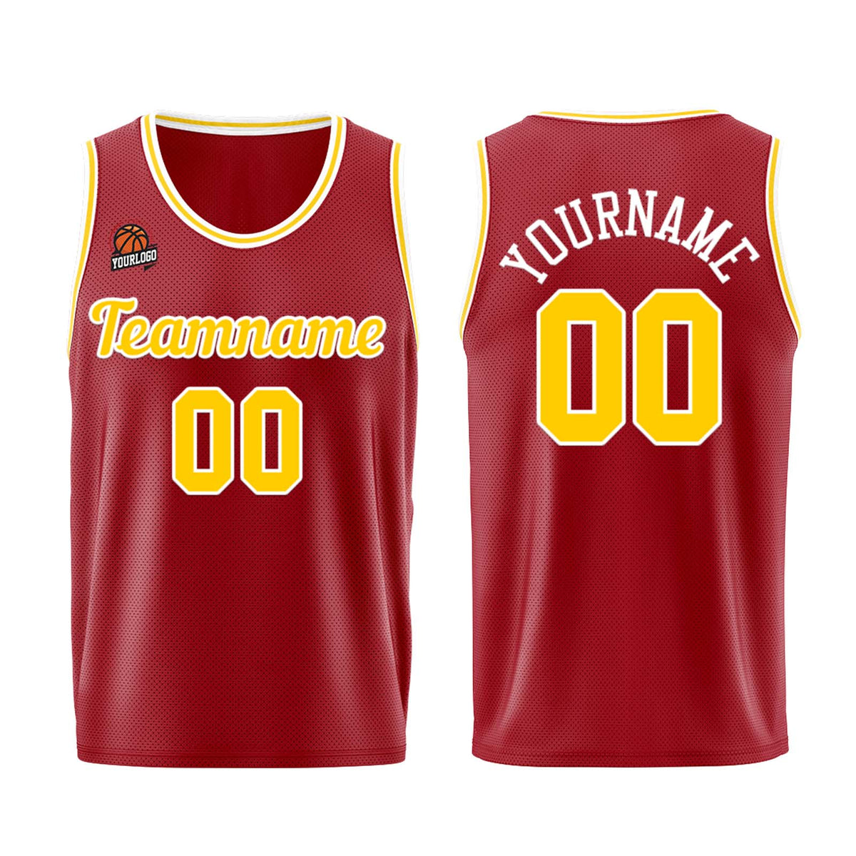 Individuelle Burgund Gelb Basketball Jersey Shorts für Männer und Frauen Gestickter und gedruckter Name, Nummer und Logo
