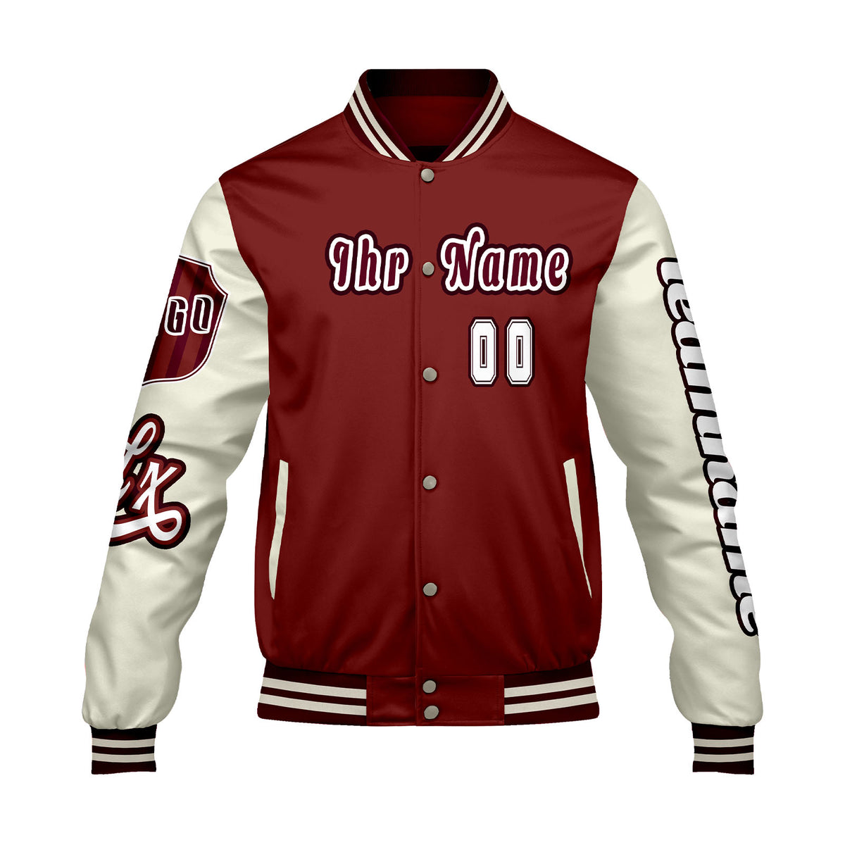 Maßgeschneiderte Rot Weiß Letterman Varsity Jacket Individuelle Stickerei  Druck nach Ihrem Wunsch