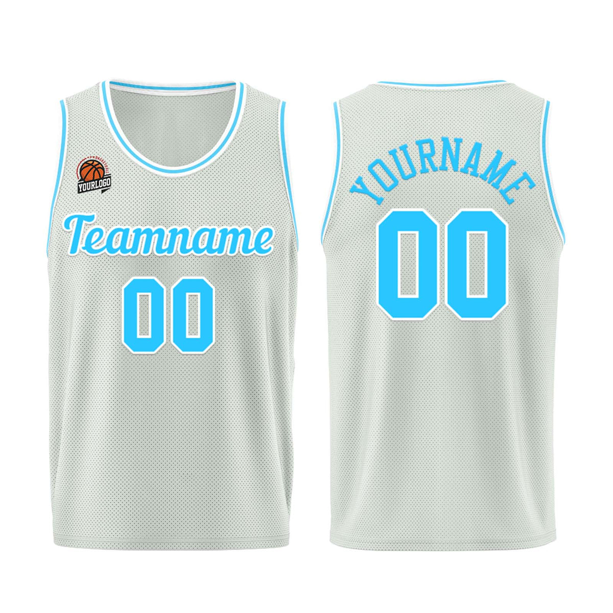 Individuelle Grau-Hellblau Basketball Jersey Shorts für Männer und Frauen Gestickter und gedruckter Name, Nummer und Logo