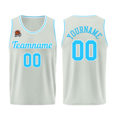 Individuelle Grau-Hellblau Basketball Jersey Shorts für Männer und Frauen Gestickter und gedruckter Name, Nummer und Logo