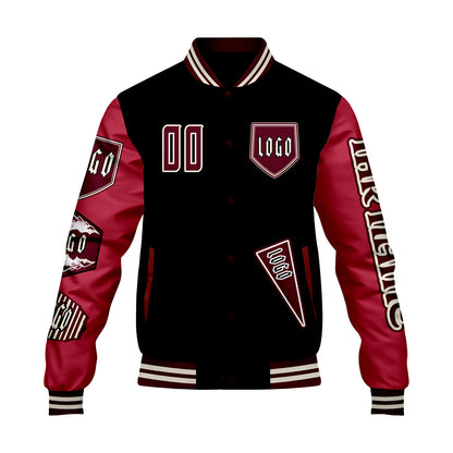 Maßgeschneiderte Schwarz Rot Letterman Varsity Jacket Individuelle Stickerei  Druck nach Ihrem Wunsch