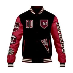 Maßgeschneiderte Schwarz Rot Letterman Varsity Jacket Individuelle Stickerei  Druck nach Ihrem Wunsch