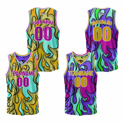 Benutzerdefinierte Lila Gelb Reversible Basketball Jersey Personalisierte Print Name Nummer Logo