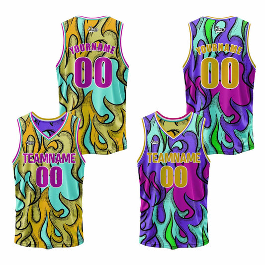Benutzerdefinierte Lila Gelb Reversible Basketball Jersey Personalisierte Print Name Nummer Logo