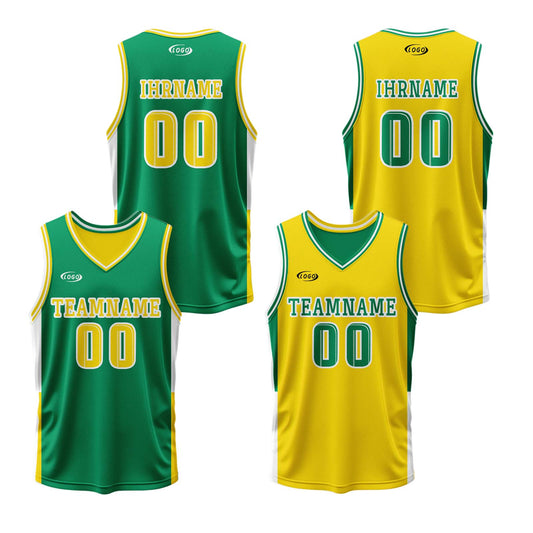 Benutzerdefinierte Grün Gelb Reversible Basketball Jersey Personalisierte Drucken Name Nummer Logo