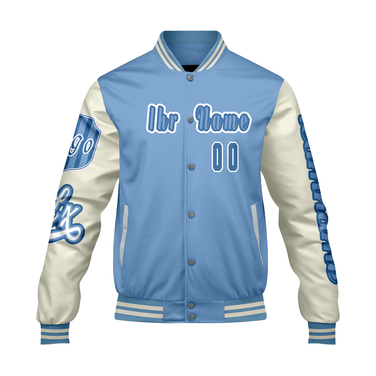 Maßgeschneiderte Blau Weiß Letterman Varsity Jacket Individuelle Stickerei  Druck nach Ihrem Wunsch