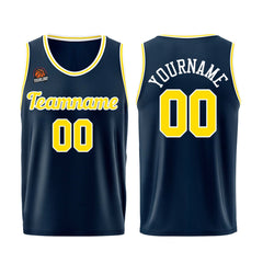 Individuelle Dunkelblau-Gelb Basketball Jersey Shorts für Männer und Frauen Gestickter und gedruckter Name, Nummer und Logo