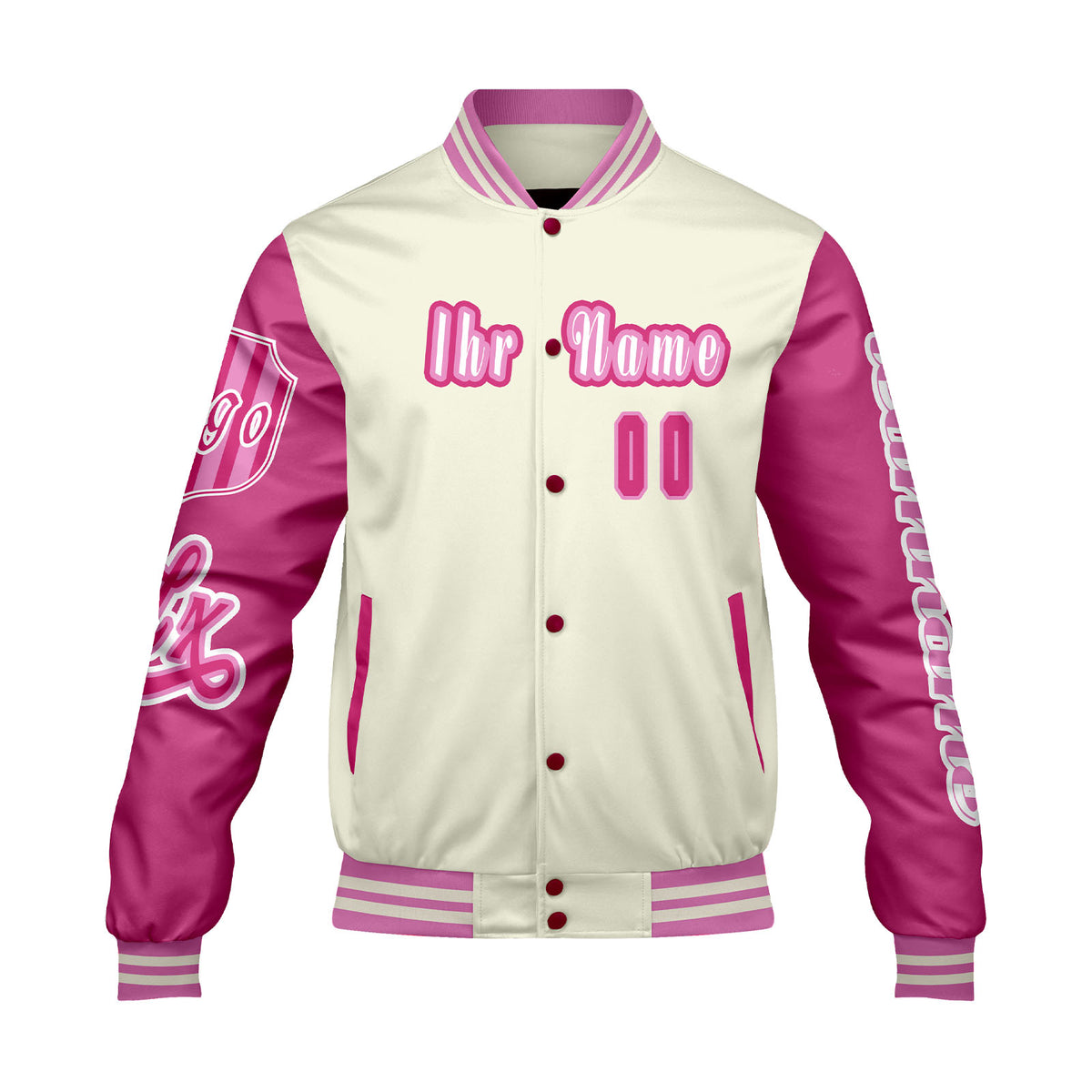 Maßgeschneiderte Weiß Rosa Letterman Varsity Jacket Individuelle Stickerei  Druck nach Ihrem Wunsch