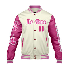 Maßgeschneiderte Weiß Rosa Letterman Varsity Jacket Individuelle Stickerei  Druck nach Ihrem Wunsch