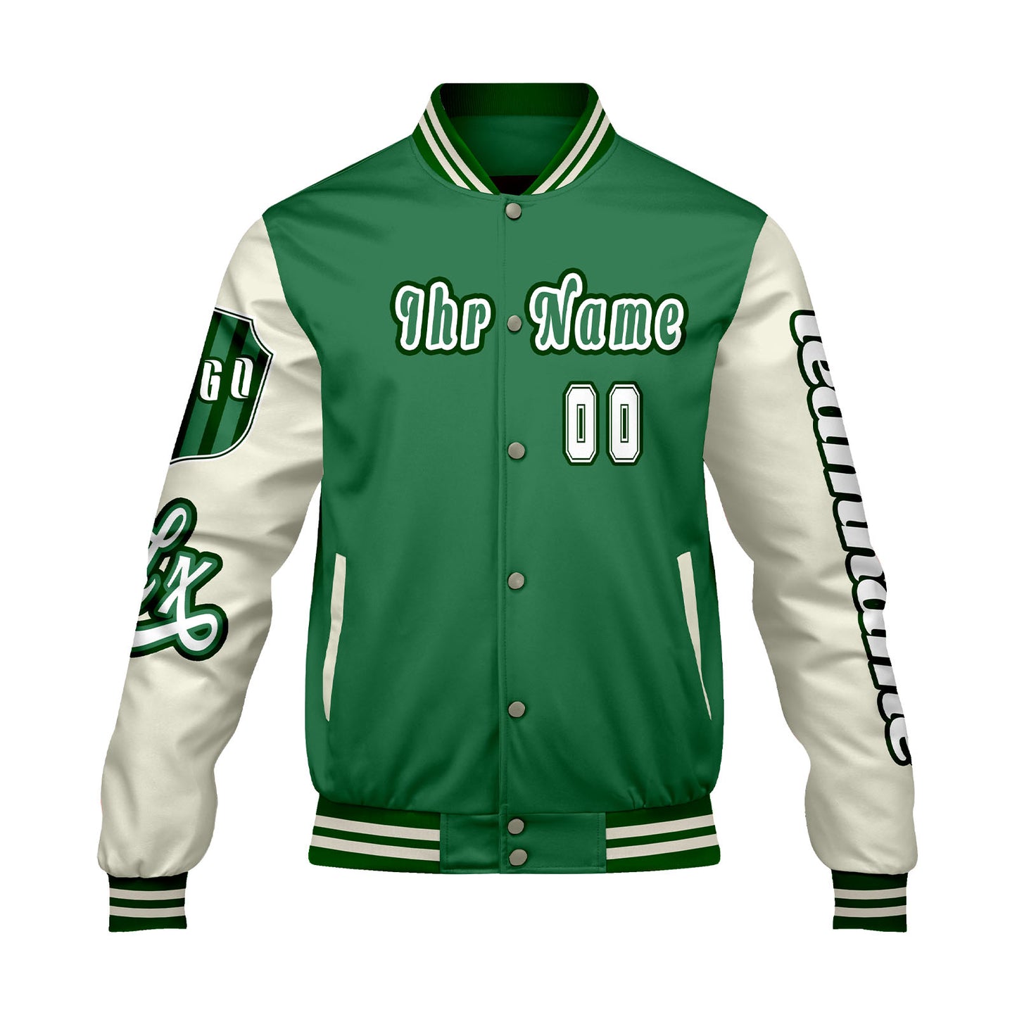 Maßgeschneiderte Grün Weiß Letterman Varsity Jacket Individuelle Stickerei  Druck nach Ihrem Wunsch