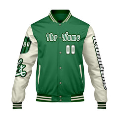 Maßgeschneiderte Grün Weiß Letterman Varsity Jacket Individuelle Stickerei  Druck nach Ihrem Wunsch