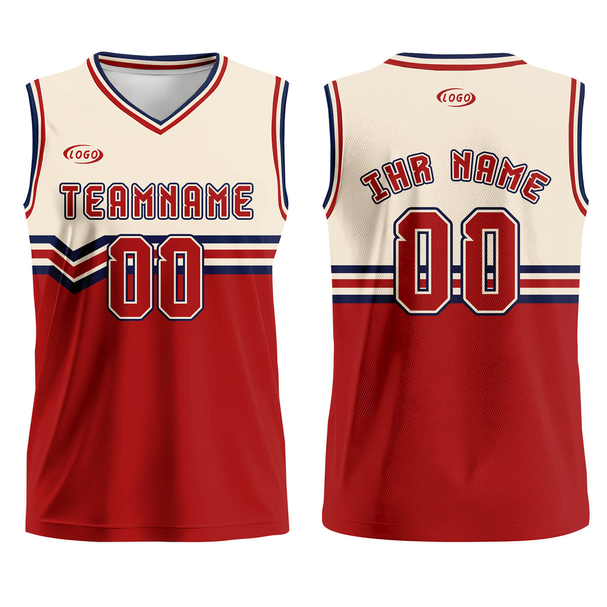 Benutzerdefinierter Beige Rot Blau Basketball Jersey Uniform Anzug gedruckt Ihr Logo Name Nummer