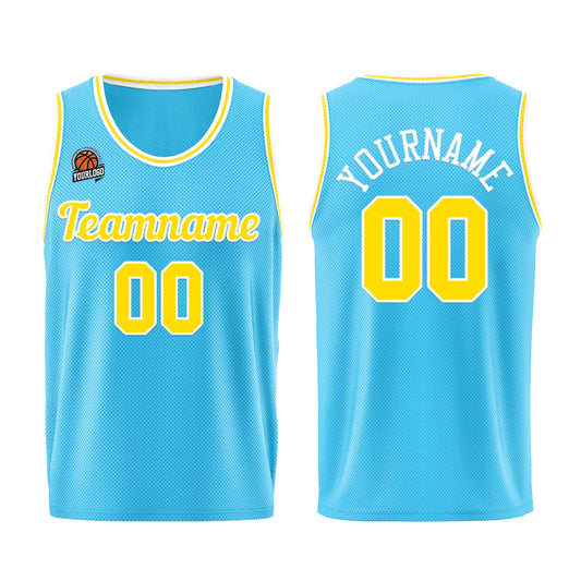 Individuelle Hellblau Gelb Basketball Jersey Shorts für Männer und Frauen Gestickter und gedruckter Name, Nummer und Logo
