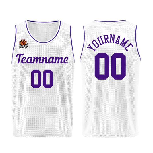 Individuelle Weiß-Lila Basketball Jersey Shorts für Männer und Frauen Gestickter und gedruckter Name, Nummer und Logo