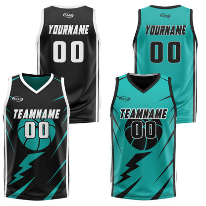 Benutzerdefinierte schwarz Cyan Reversible Basketball Jersey Personalisierte Drucken Name Nummer Logo