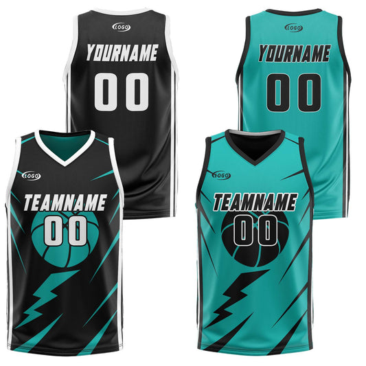 Benutzerdefinierte schwarz Cyan Reversible Basketball Jersey Personalisierte Drucken Name Nummer Logo