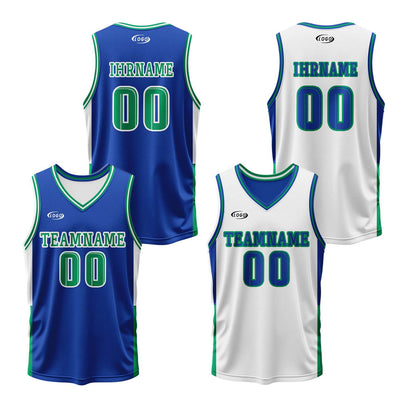 Benutzerdefinierte Blau Weiß Grün Reversible Basketball Jersey Personalisierte Drucken Name Nummer Logo