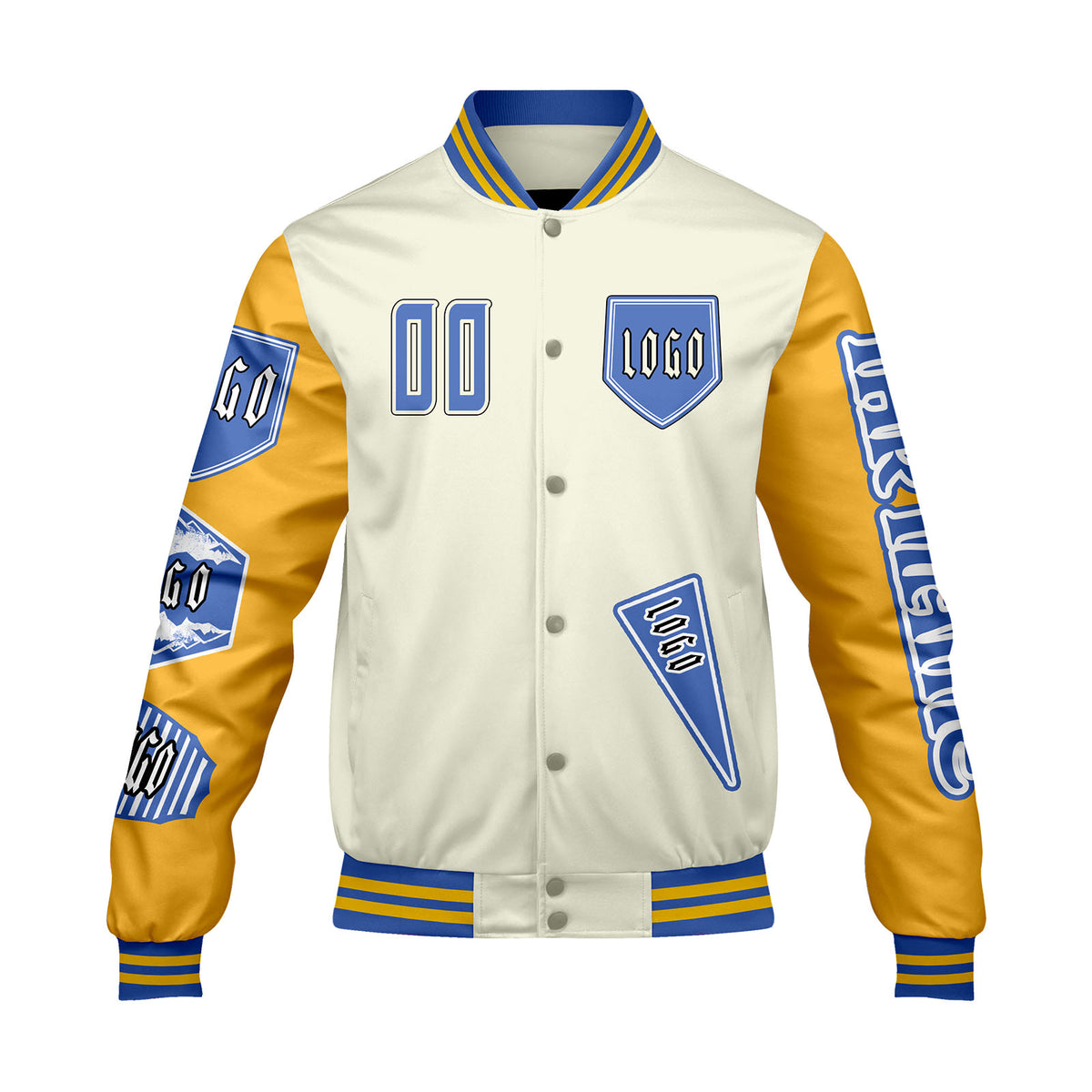 Maßgeschneiderte Weiß Gelb Letterman Varsity Jacket Individuelle Stickerei  Druck nach Ihrem Wunsch