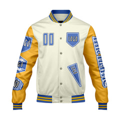 Maßgeschneiderte Weiß Gelb Letterman Varsity Jacket Individuelle Stickerei  Druck nach Ihrem Wunsch