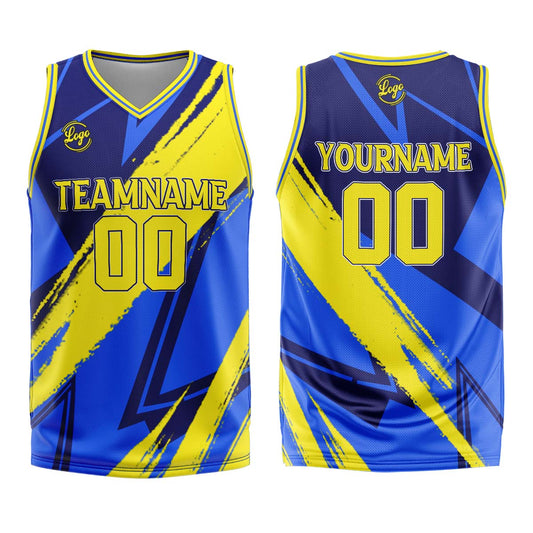 Benutzerdefinierter Blau Gelb Basketball Jersey Uniform Anzug gedruckt Ihr Logo Name Nummer