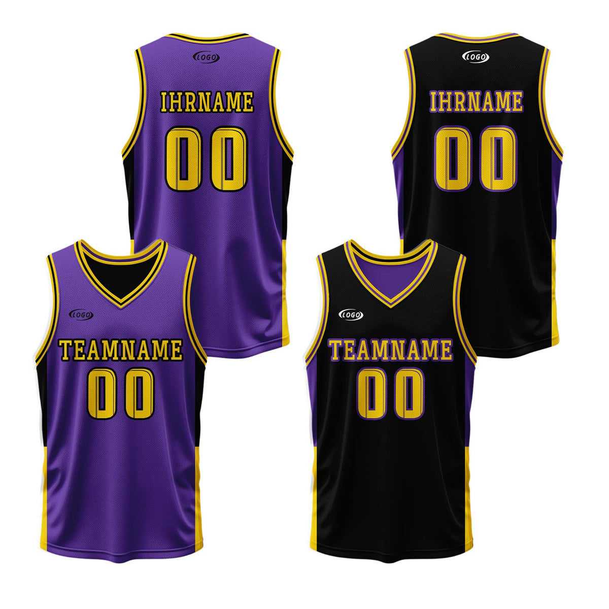 Benutzerdefinierte Lila Schwarz Gelb Reversible Basketball Jersey Personalisierte Drucken Name Nummer Logo
