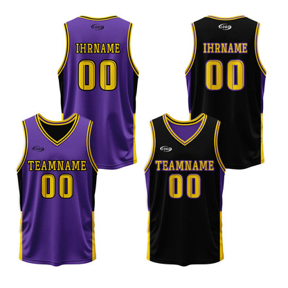 Benutzerdefinierte Lila Schwarz Gelb Reversible Basketball Jersey Personalisierte Drucken Name Nummer Logo