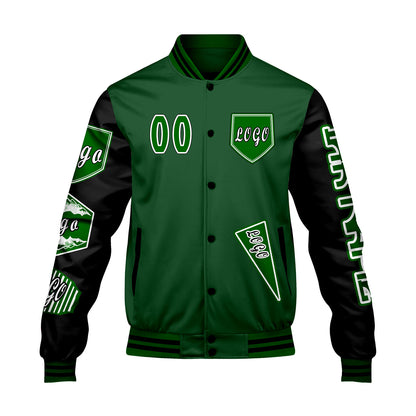 Maßgeschneiderte Grün Schwarz Letterman Varsity Jacket Individuelle Stickerei  Druck nach Ihrem Wunsch