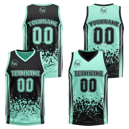 Benutzerdefinierte Schwarz Lichtgrün Reversible Basketball Jersey Personalisierte Print Name Nummer Logo
