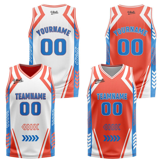 Benutzerdefinierte Weiß Orange Blau Reversible Basketball Jersey Personalisierte Drucken Name Nummer Logo