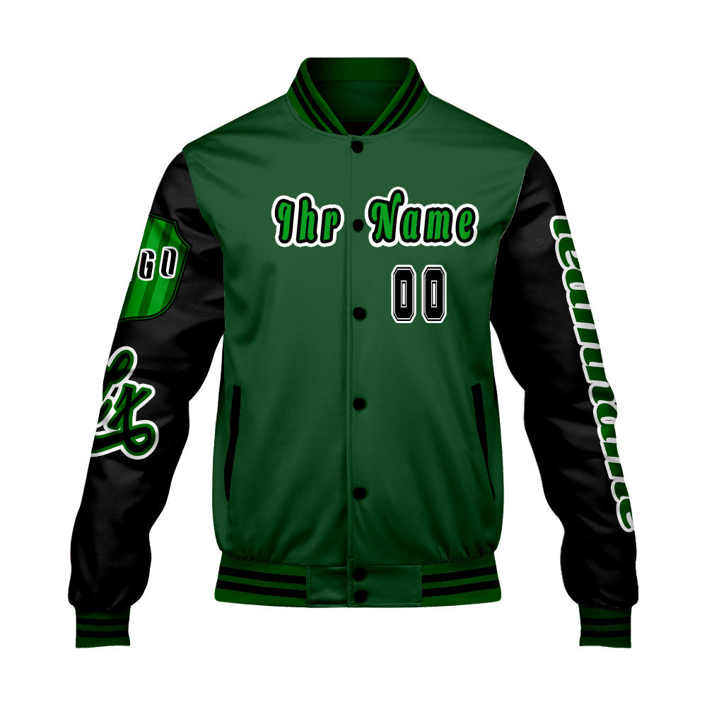 Maßgeschneiderte Grün Schwarz Letterman Varsity Jacket Individuelle Stickerei  Druck nach Ihrem Wunsch