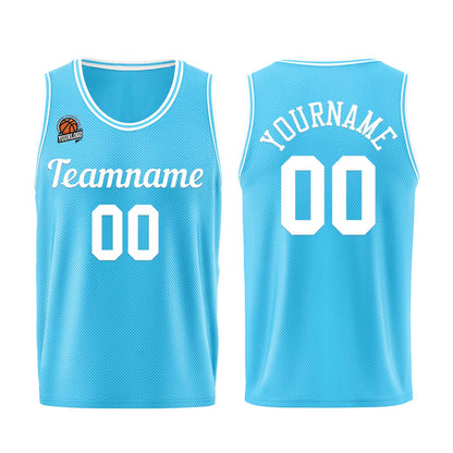 Individuelle Hellblau Weiß Basketball Jersey Shorts für Männer und Frauen Gestickter und gedruckter Name, Nummer und Logo